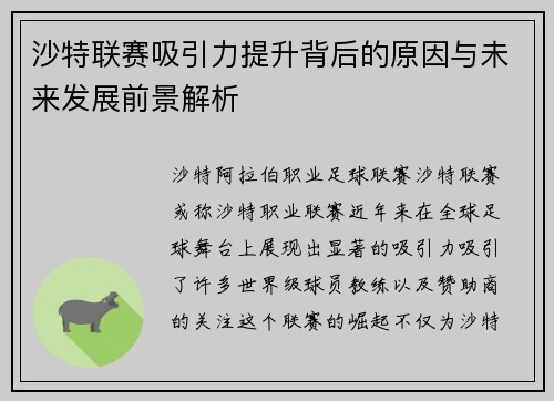 沙特联赛吸引力提升背后的原因与未来发展前景解析