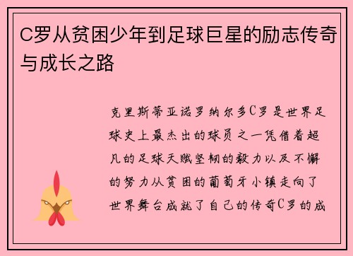 C罗从贫困少年到足球巨星的励志传奇与成长之路